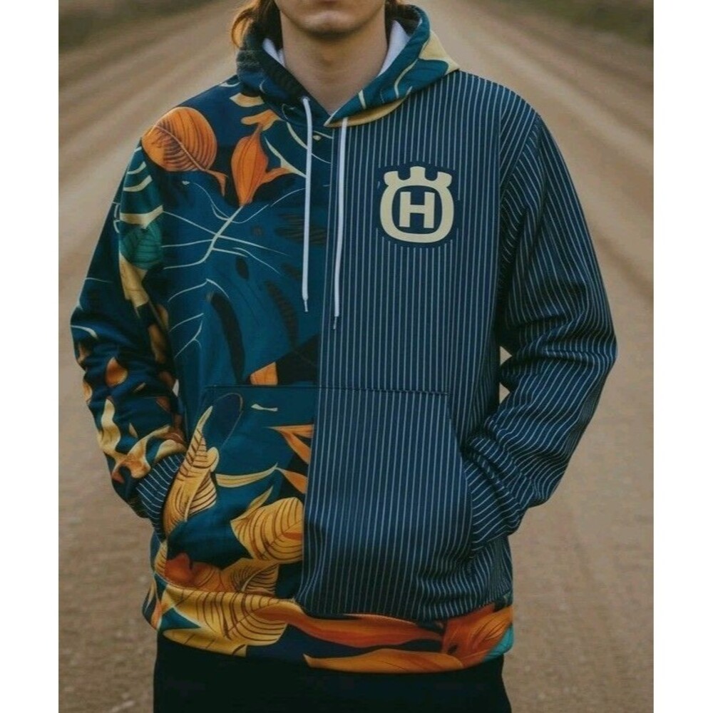 Rare Husqvarna "Tropical Flora" Moto Hoodie XL Navy/Orange Special Edition